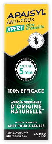 APAISYL Anti-pidocchi Xpert Cera d'api - Lozione curante anti-pidocchi e lendini, 100% efficace in 1 trattamento di 5 minuti, con ingredienti di origine naturale, a partire dai 6 mesi, pettine incluso