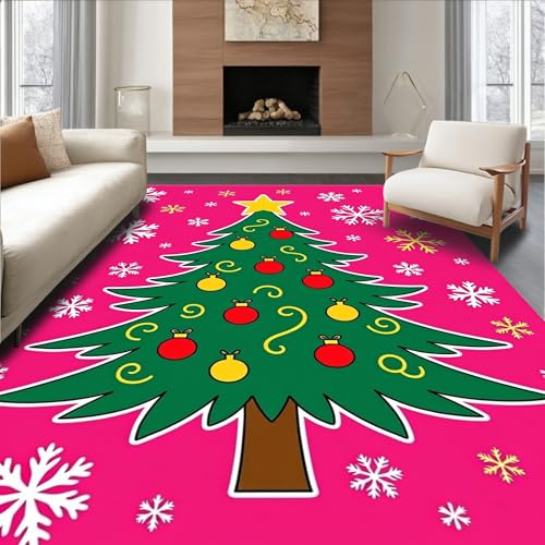 Low Pile Flatwoven Area Rug 6x9, Festive Tree Motif Punch Art with Swirling Snowflake Embellishments, Machine Washable, Stain Resistant Indoor Rug for Living Room, Bedroom, Non Slip(Pink, 6x9, Pad)