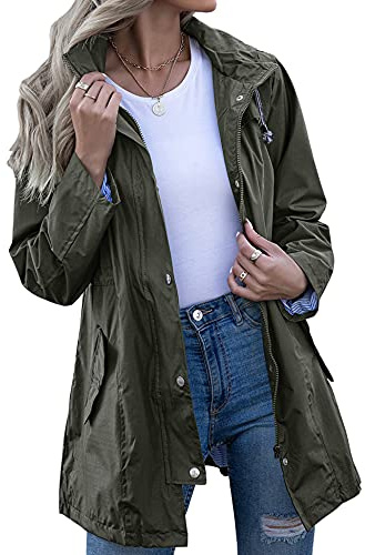 Kikibell Outdoor Rain Jackets Casual Long Rainwear Jacket Hooded Poncho for Women Army Green Jacket Women Rain Waterproof