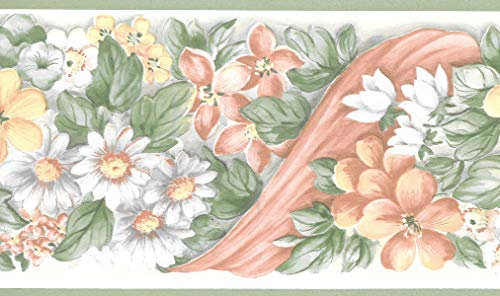 Dundee Deco BD6205 - Bordo per carta da parati preincollata, motivo floreale, verde, bianco, rosa, motivo floreale, stile retrò, 4,57 x 13,21 cm