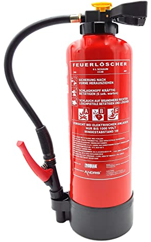 Aufladefeuerlöscher von ANDRIS® 6L ABF Schaum (Fettbrand), hochwertiger & starker Partner 34A 233B 40F, EN 3 inkl. Wandhalterung, Standfuß & Orig. ANDRIS® Prüfnachweis für 2 Jahre