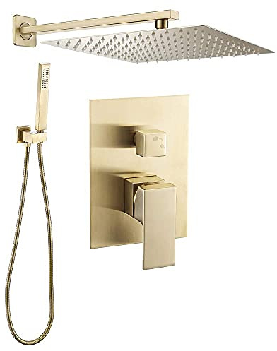 VALAZ Doccia Incasso Oro Spazzolato Protezione PVD | Miscelatore Doccia Incasso Spruzzatore Effetto Pioggia | Installazione a Parete Facile | Inossidabile, Quadrata, Spruzzatore 25 cm, Serie Tajo