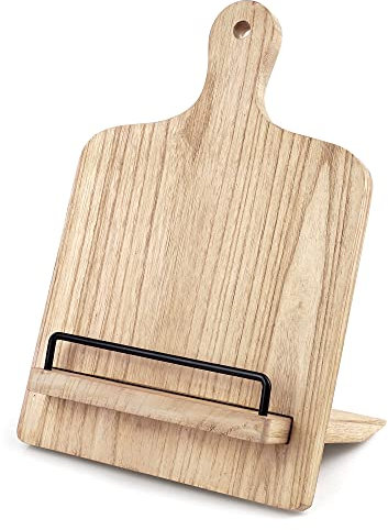 Soporte para libros de cocina, soporte de madera para recetas, soporte para libros de recetas con soporte ajustable, soporte para libros de cocina rústico, marrón