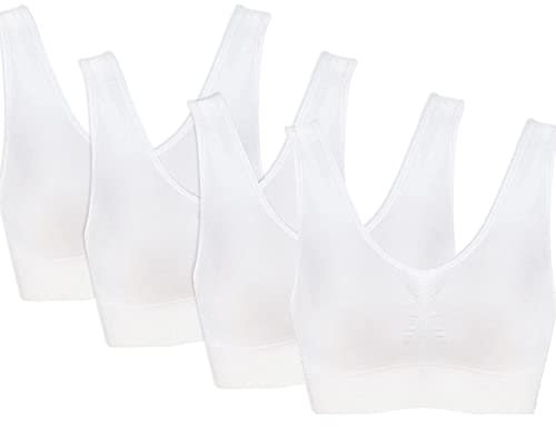 PBE 4 Pack Super Comfort Bra, Thick Double Material Women's Sleep Bras, Sports Bra, Premium Quality, Seamless, No Wires! - 4 Pack White - Large