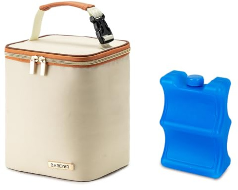 BABEYER Breastmilk Cooler Bag with Ice Pack Included, Baby Bottle Cooler Bag for 4 Large Baby Bottles (up to 270ml), Cream