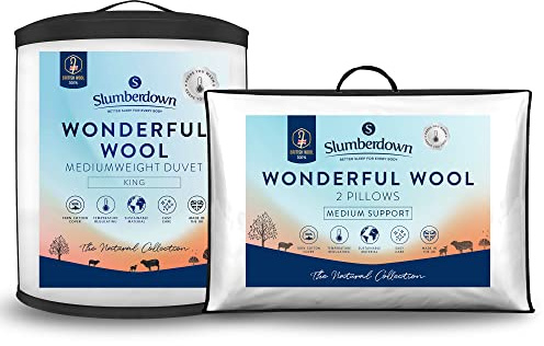 Slumberdown Wonderful Wool King Size Duvet - Temperature Regulating 7-9 Tog Mediumweight All Year Round Quilt, 2 Wool Pillows - 100% British Wool, Soft Cotton Cover, Easy Care, Size (225m x 220cm)