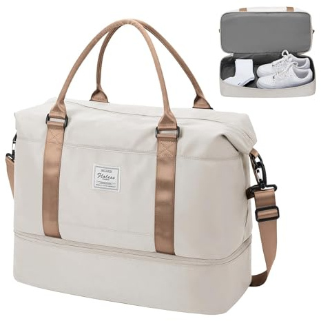 HYC00 Borsa da Viaggio Donna Uomo, Borsone Palestra Sportiva con Porta Scarpe, Weekend Piscina Ginnastica, per Ospedale - Beige Marrone