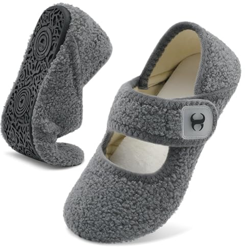 JOINFREE Unisex House Slippers Lightiweight Soft Adjustable Home Slippers Non-Slip Cozy Wide Slipper Socks Grey 6.5 UK