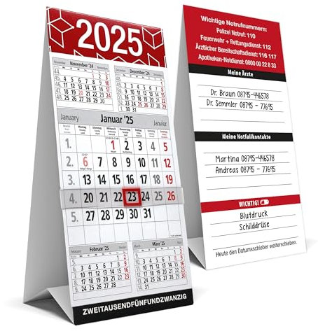 TOBJA Tischkalender 2026 zum Aufstellen mit Datumsschieber und Notrufnummern 5-Monats-Kalender für Senioren, kompakter Stehkalender 2026 mit Rückseite für persönliche Notizen und wichtige Kontakte