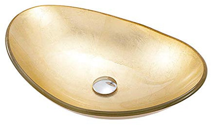 countertop basin golden oval tempered glass washbasin with pop up sink waste, bathroom sink bowl for cloakroom basin-ingot shape-without tap