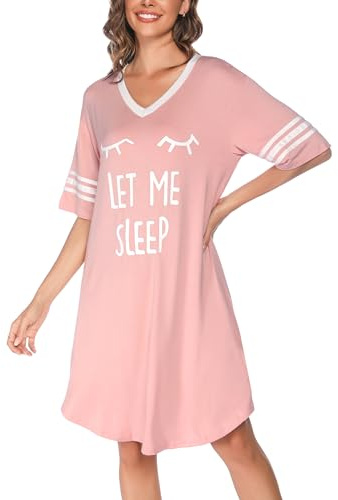 Vlazom Women's Nightdresses Soft Boyfriend V Neck Sleep Shirt Short Sleeves Nightshirt Oversized Nightgown Loungwear Sleepwear, Y-Rose Pink,3XL