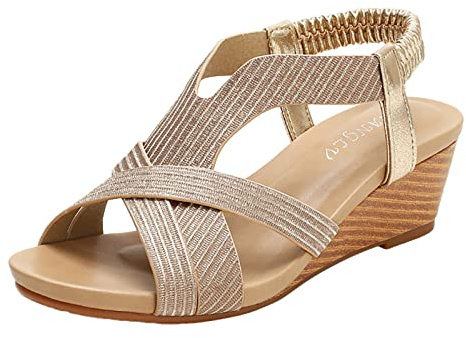 Sandales compensées pour femme - Sandales orthopédiques avec boucle décontractée et flexibles - Sandales à talon tendance - Bout ouvert - Antidérapantes - Pour fête, randonnée, mariage, or, 39 EU