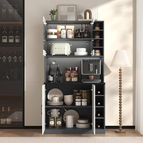 A ALFRESCOOL Armario buffet, 100 x 47 x 187 cm, buffet con iluminación LED ambiental y agujeros para cables, tablero de cocina de madera, independiente, estantes laterales ajustables en altura (blanco