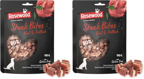 Rosewood Steak Bites Bœuf & Colin – Friandise Tendre pour Chien, Riche en Viande et Poisson, pour l’entraînement, sans céréales ni Gluten, sans additifs artificiels, 100 g (Lot de 2)