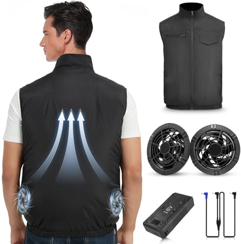 FERNIDA Gilet rinfrescante, con batteria da 18 V e 2 ventole, per uomini e donne, traspirante, per climi caldi, Nero , L