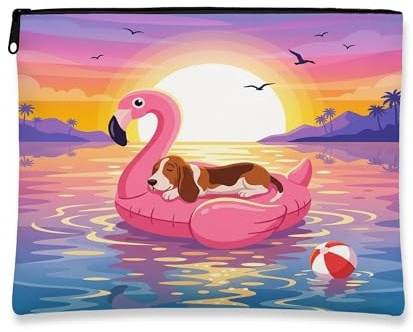 Funny Basset Hound Dog Makeup Bag, Flamingos Lifebuoys Sea Cosmetic Travel Pouch for Women, Gifts for Girls, Pet Portable Small Canvas Zipper Organizer 7x9 Inch