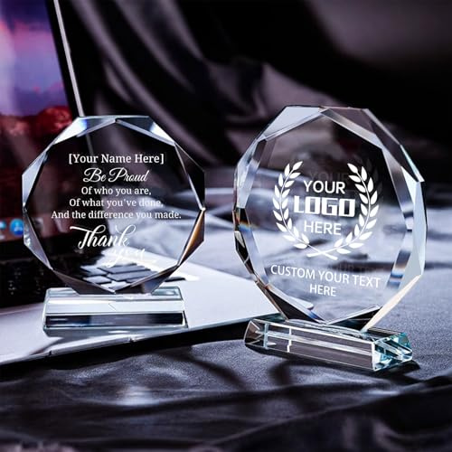 JJ GRADGOWN Trofeo de Cristal Personalizado, Logotipo Texto Patrón Grabado Profundo, para Eventos Empresariales, Competiciones Deportivas y Reconocimientos Logros