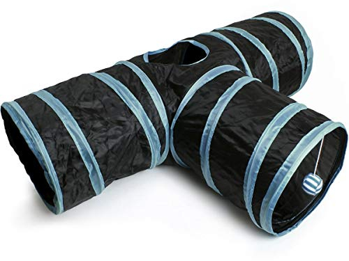 iGadgitz Home U6979-3 Wege Katzentunnel Rascheltunnel Zusammenlegbarer Welpen Tunnel Interaktiver Cat Tunnel mit hängendem Ball - für drinnen/draußen - Schwarze/Blaue Streifen