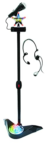 Deqube 916D00037 Microphone karaoké sur Pied avec Hauteur réglable et Boule de lumières Disco et écouteurs Connexion à différents appareils sonores Taille 65-100 cm (916D00037) Noir