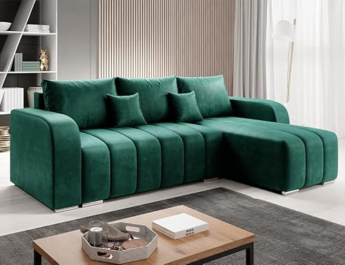 MODERNO Pufetto Corner Sofa with Sleep Function, Bed Container, Corner Sofa, Sofa Bed, Living Room, Bedroom, Furniture Sofas & Couches, Sofa Bed Couch, Velour, Bottle Green, 86 x 245 x 147 cm