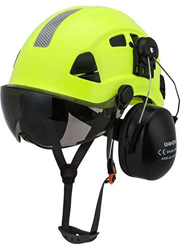 UNINOVA Hard Hat Ear Protection and Visor ANSI Z89.1 Vented ABS Forestry Arborist Tree Climbing Construction Helmet Ear Protection(S91 1-Lime+Smoked+Earmuff)
