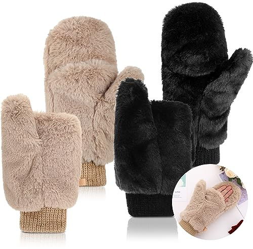 SATINIOR 2 Pair Faux Fur Mittens Fingerless Gloves Convertible Gloves Fluffy Winter Warm Soft Half Finger Fuzzy for Women (Black,Khaki)