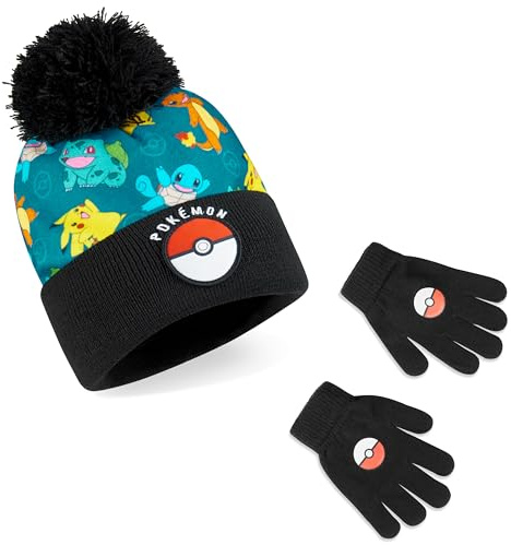 Pokémon Set Invernale Bambino 2 Pz con Cappello e Guanti o 3 con Cappello Guanti Invernali e Sciarpa, Pikachu Regalo Bambini (4-12 Anni, Nero/Blu, 2 Pcs)