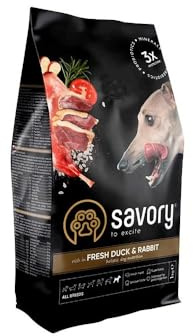 SAVORY Hunde Gourmand Frisch - Ganzheitliche Hundefutter Trockenfutter - Mischung aus Präbiotika, Probiotika und Mineralien - Erwachsene Alle Rassen - Kaninchen und Ente - 1 kg
