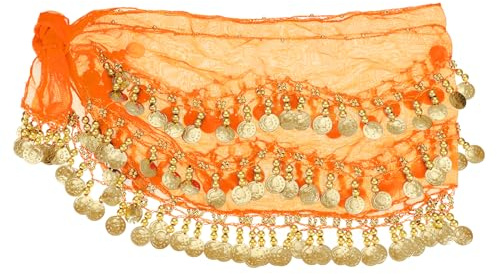 PATIKIL Foulard per danza del ventre, costume da donna per danza del ventre, gonna avvolgente con monete dorate, per lezioni di danza o yoga, Arancione, Medium