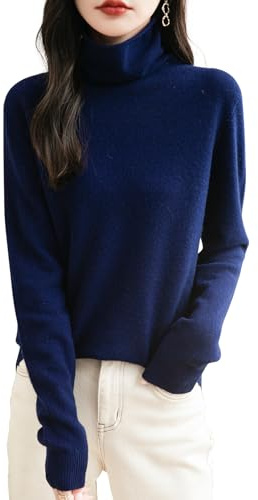 Chanyarn Maglione da Donna in 100% Lana Merino Leggero Collo Alto Lavorato a Maglia Senza Cuciture a Maniche Lunghe Tops (Navy Blue,M)