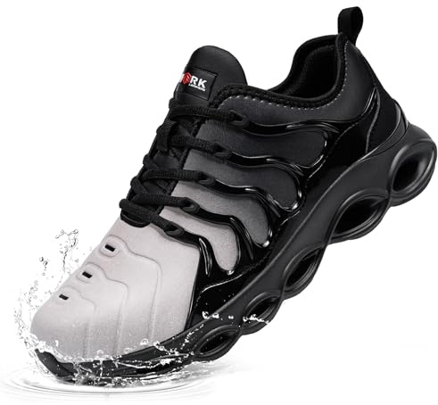 LARNMERN Chaussures de Sécurité Hommes Imperméables Amorti Légere Chaussures de Travail Confort Mode Embout Acier Anti-Smashing Baskets de Sécurité(Noir Gris Microfibre,44.5 EU)