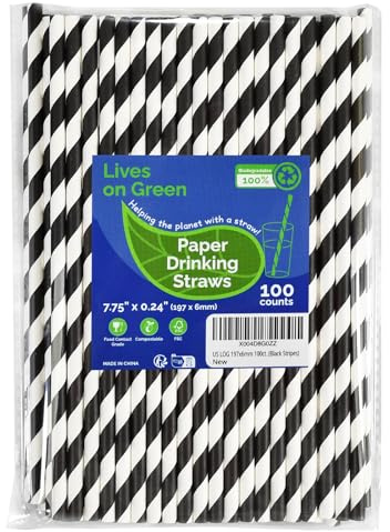 Lives on Green svart/vit randiga biologiskt nedbrytbara papperssugrör oförpackade 19,7 cm 100 räkningar – för cocktail, juice, dekoration, hantverk