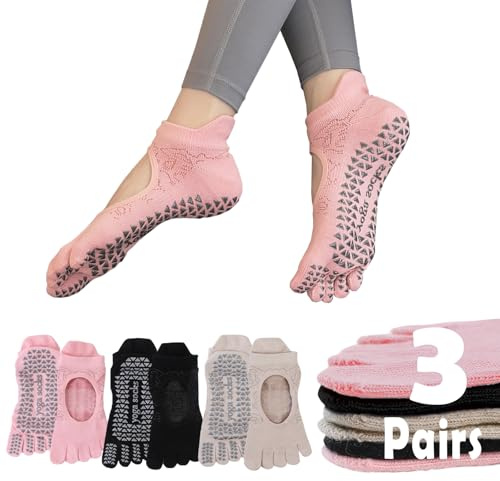 Sunolkie 3 Pares Calcetines Yoga Pilates Tabi Antideslizantes, Fitness Danza Mujer, Fitness Danza Calcetines de 5 Dedos Mujer