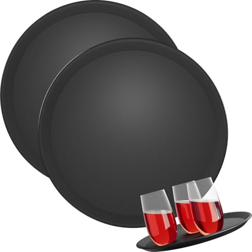 2X WELLGRO Kellnertablett Schwarz Ø 35 cm – Rutschfestes Serviertablett, Antirutsch, hoher Rand, Gastronomie, Restaurant, Bar, Catering, robust