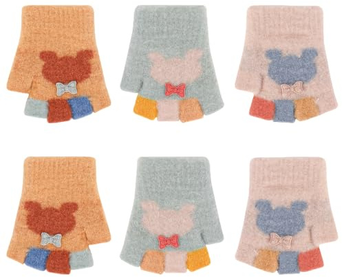 Jupsk 3 pares de guantes sin dedos para niños de 0 a 3 años, osito, guante elástico mágico de invierno para bebés, niños y niñas