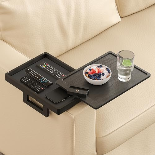 Wealone Svart soffbricka, soffbricka med förvaringslåda, soffa armstöd bricka med 360° telefonstativ, sofforganisatör, soffhylla för vardagsrum drycker snacks mat