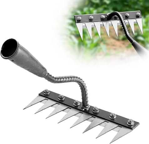Qxiao Iron Weeding Rake Heavy Duty Garden Rake 8 Teeth Carbon Steel Manual Tools Landscaping Rakes Metal Garden Rakes Sharp Durable Lawn Leveling Weeding Tool for Backyard Lawn Loosening (No handle)