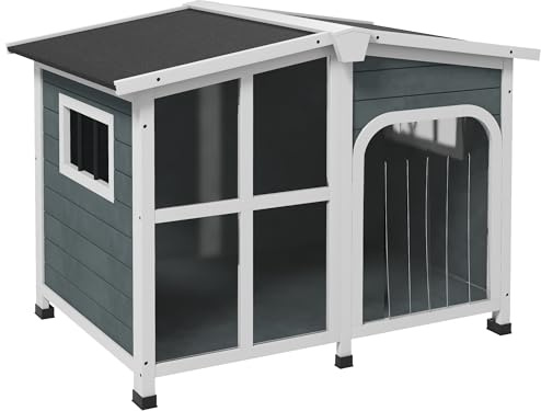 PawHut Caseta para Perros de Madera, Casa para Perros Pequeños, con Techo Abatible, Puerta con Cortina, Fondo Desmontable, y Frontal de Acrílico 101x66,5x70,5 cm Gris Oscuro