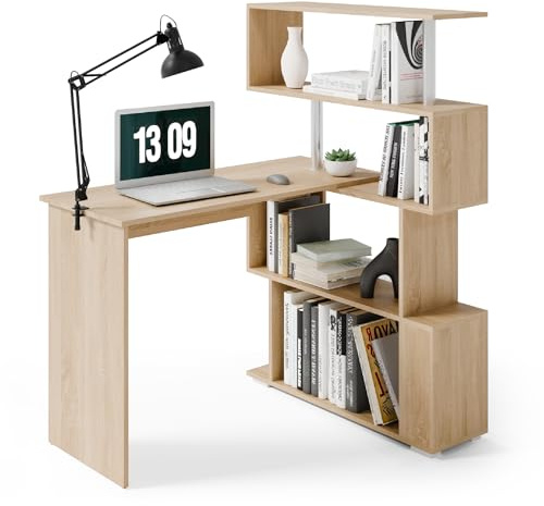 Mondeer Computer Desk, Corner Desk with 4-Tier Storage Bookshelves Rotatable, Space Saving for Home Office Writing Workstation, Oak