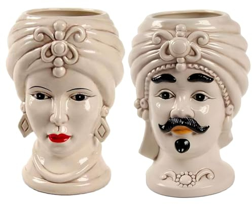 Teste di Moro Coppia Re e Regina Caltagirone Grandi 16X25 cm, Stile Ceramiche Siciliane, Vaso Testa di Moro in Ceramica