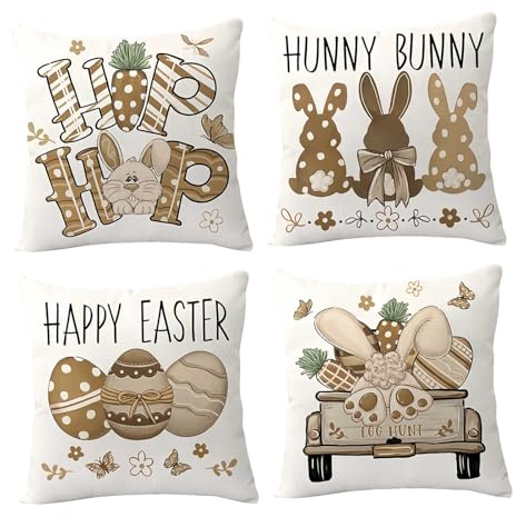 Federe per Cuscini da Divano, Set da 4 Pezzi, Decorazioni per la Casa con Motivi di Pasqua, Realizzate in Lino, Facili da Pulire, Adatte a Cuscini 45x45 cm