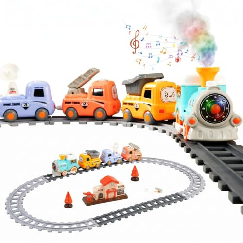 Tågspel för barn med ånga, ljus, musik och skenor | Leksakstågsset från 3 år med skenor