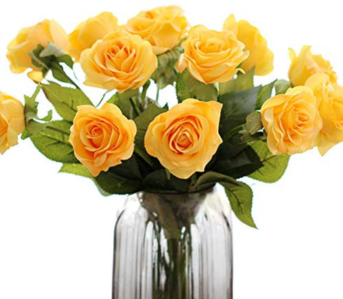 FatColo(R) Artificial Craft Real Touch Latex Rose Flowers for Bouquets, Weddings, Wreaths, Crafts - Set of 10 Yellow