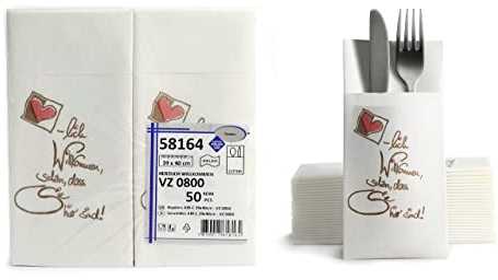 AROBA 50x Airlaid Besteckservietten (Muster willkommen, 39x40 cm) - Hochwertige Serviettentaschen - Fertig gefaltete Bestecktaschen - Stoffähnliche Airlaidservietten