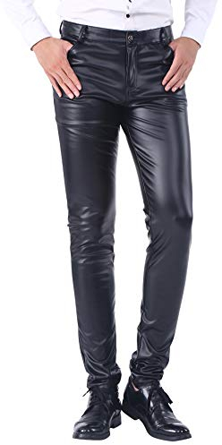 DUOLUNJINDUN Herren Slim Fit Hose aus PU Leder Elastisch Bikerhose Lederjeans Winddicht und Wasserdicht - Schwarz Größe 34