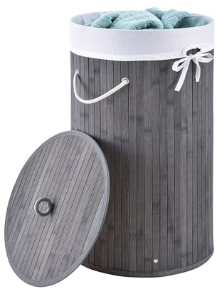 Juskys Bambus Wäschekorb Curly-Round Grau 55L - Hygienischer & Faltbarer Wäschekorb mit Deckel, Tragegriff & Wäschesack - Natürliche Bambus Optik