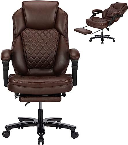 KCREAM Bürostuhl Atmungsaktiver PU Leder mit Fußstütze, Chefsessel mit hoher Rückenlehne und Verstellbarer Armlehne, Schreibtisch Drehsessel höhenverstellbar bis 250 KG