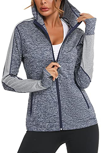 Wayleb Damen Laufjacke Sportjacke Langarm Trainingsjacke Kapuzenjacke Sweatjacke Atmungsaktive mit Daumenloch und Tasche Für Laufen Yoga Fitness Blau S