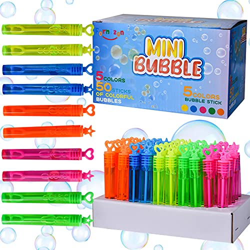 FORMIZON Seifenblasen Kinder, 50 Stück Mini Seifenblasen Set, Seifenblasen Stäbe Kinder Spielzeug Geschenke, Perfekt für Kindergeburtstag, Partys, Hochzeit, Farblich Sortiert (50 Stück)