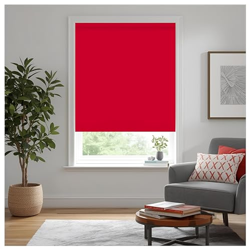 Thermal Insulated Blackout Fabric Roller Blinds, Easy Fit Room Darkening Shades Fittings Included Red (Width 150cm x Length 210cm, Blackout, Red) (BK004)